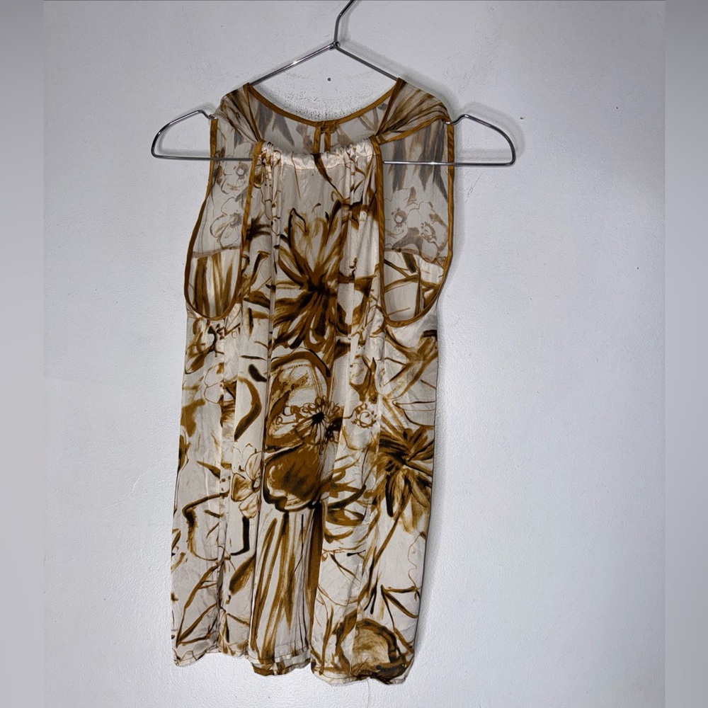 NU Collective Small Cream Brown Abstract Sleeveless Silk‎ Blouse
